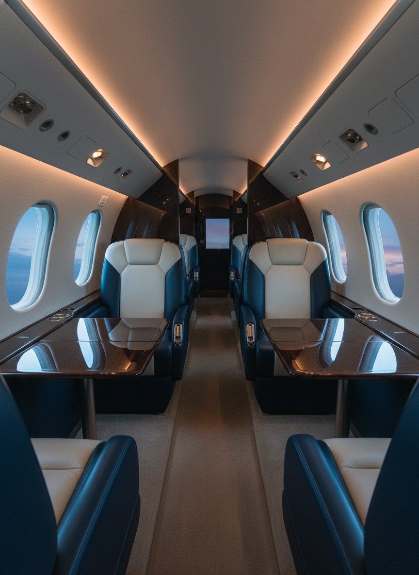 A private jet cabin set for a group heading to a Las Vegas event.