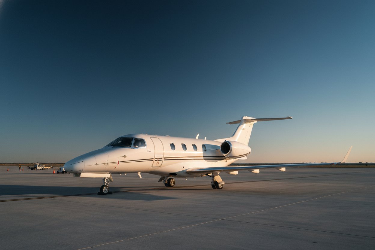 A light private jet on the ramp at golden hour.