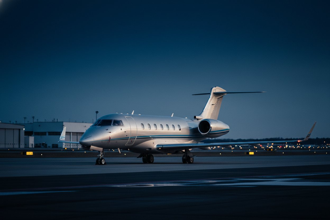 A super-midsize private jet on the ramp at dusk.