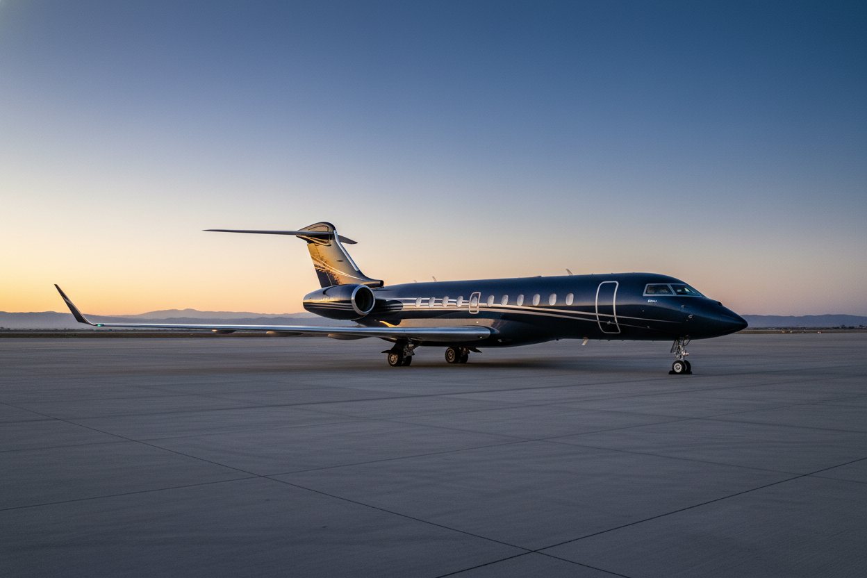 An ultra-long-range private jet on the tarmac.