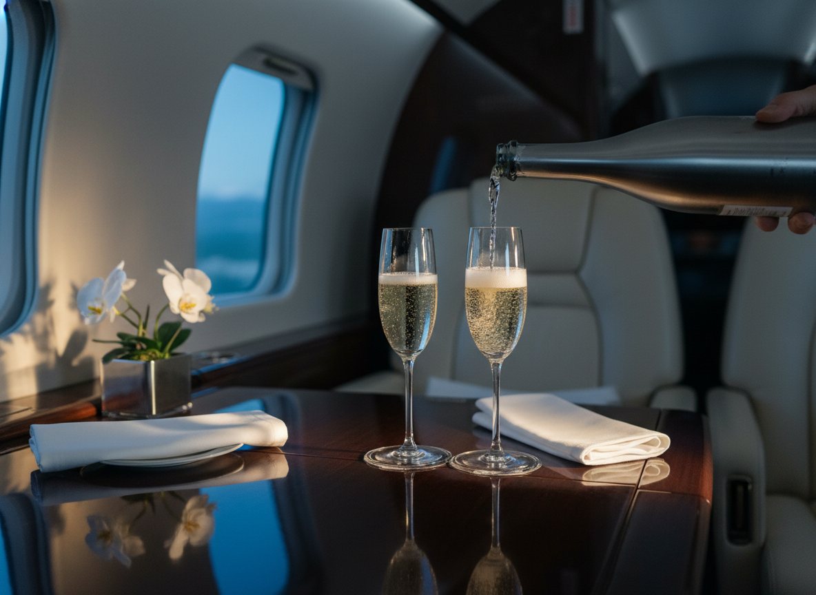 In-flight private jet service — champagne poured in a luxury cabin.
