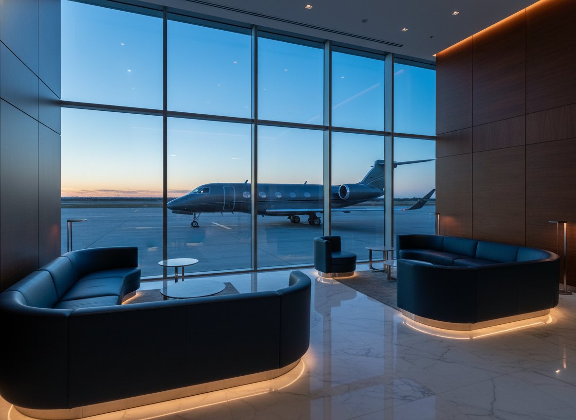 A private terminal lounge at golden hour.