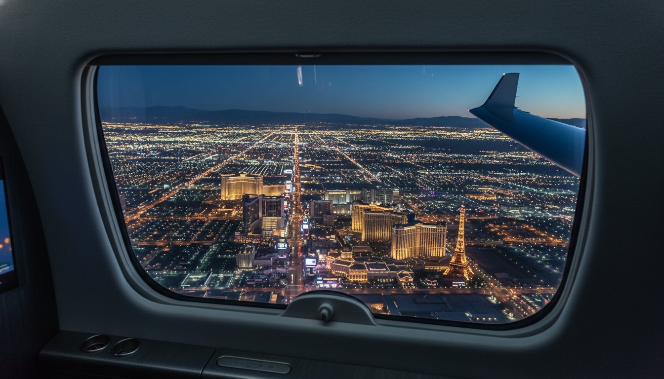 The Las Vegas Strip glittering at night, seen from a private jet window.
